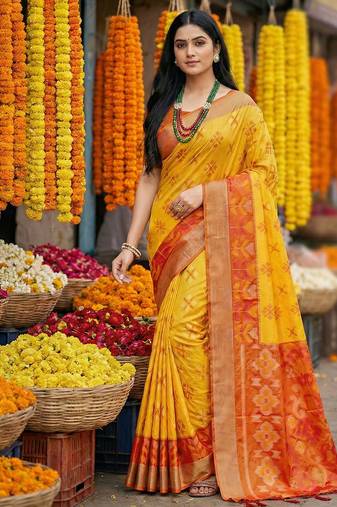 Yellow pochampally silk woven saree with blouse