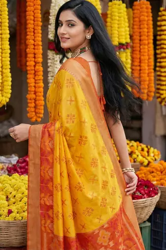Yellow pochampally silk woven saree with blouse