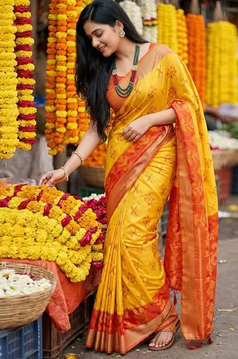 Yellow pochampally silk woven saree with blouse