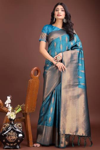 Blue banarasi silk woven saree with blouse