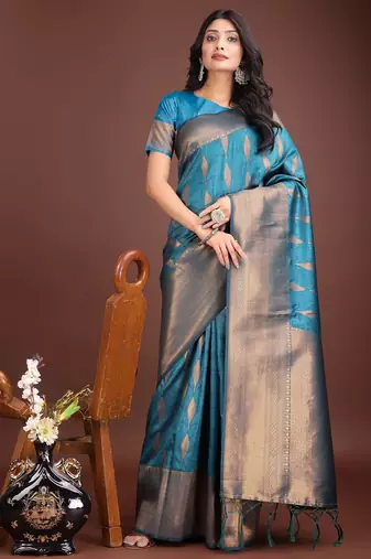 Blue banarasi silk woven saree with blouse
