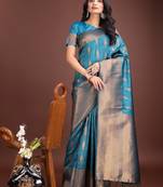 Blue banarasi silk woven saree with blouse
