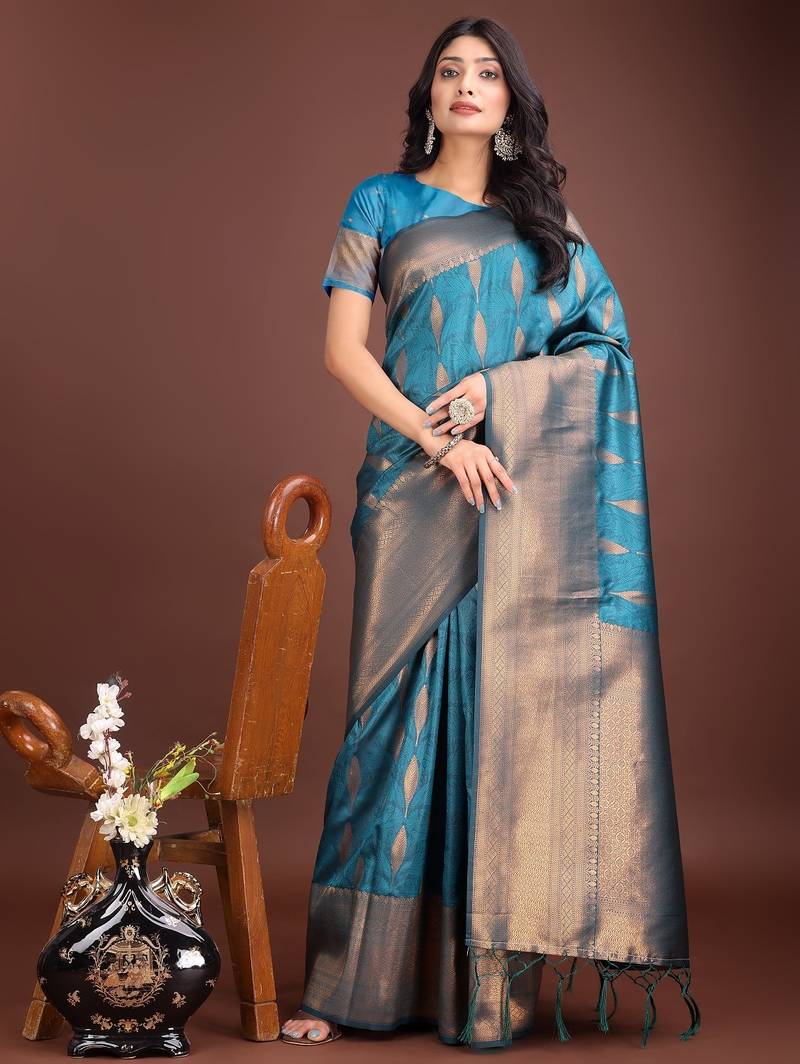 Blue banarasi silk woven saree with blouse