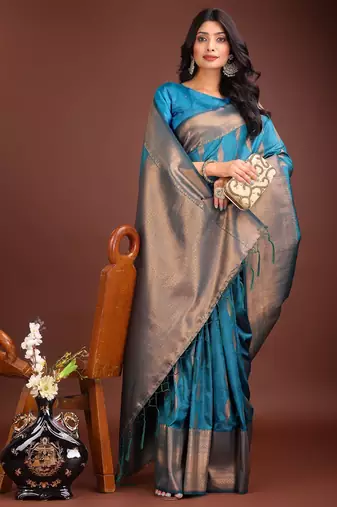 Blue banarasi silk woven saree with blouse