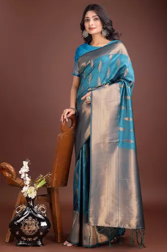 Blue banarasi silk woven saree with blouse