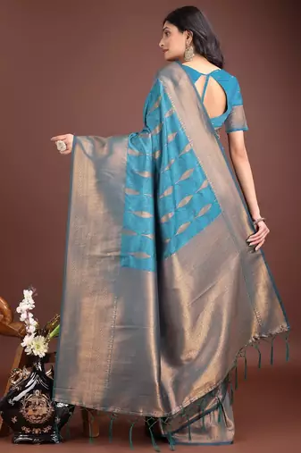 Blue banarasi silk woven saree with blouse