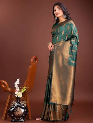 green banarasi silk woven saree with blouse 2