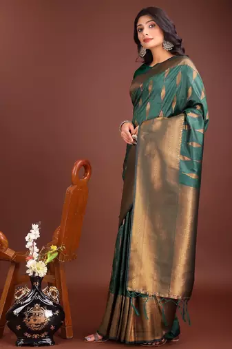 green banarasi silk woven saree with blouse
