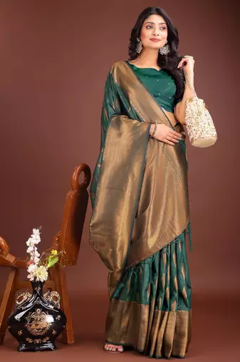 green banarasi silk woven saree with blouse
