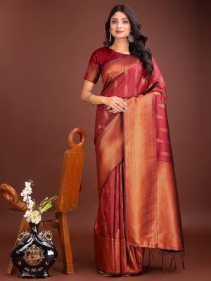 Maroon banarasi silk woven saree with blouse 1
