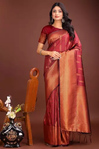 Maroon banarasi silk woven saree with blouse
