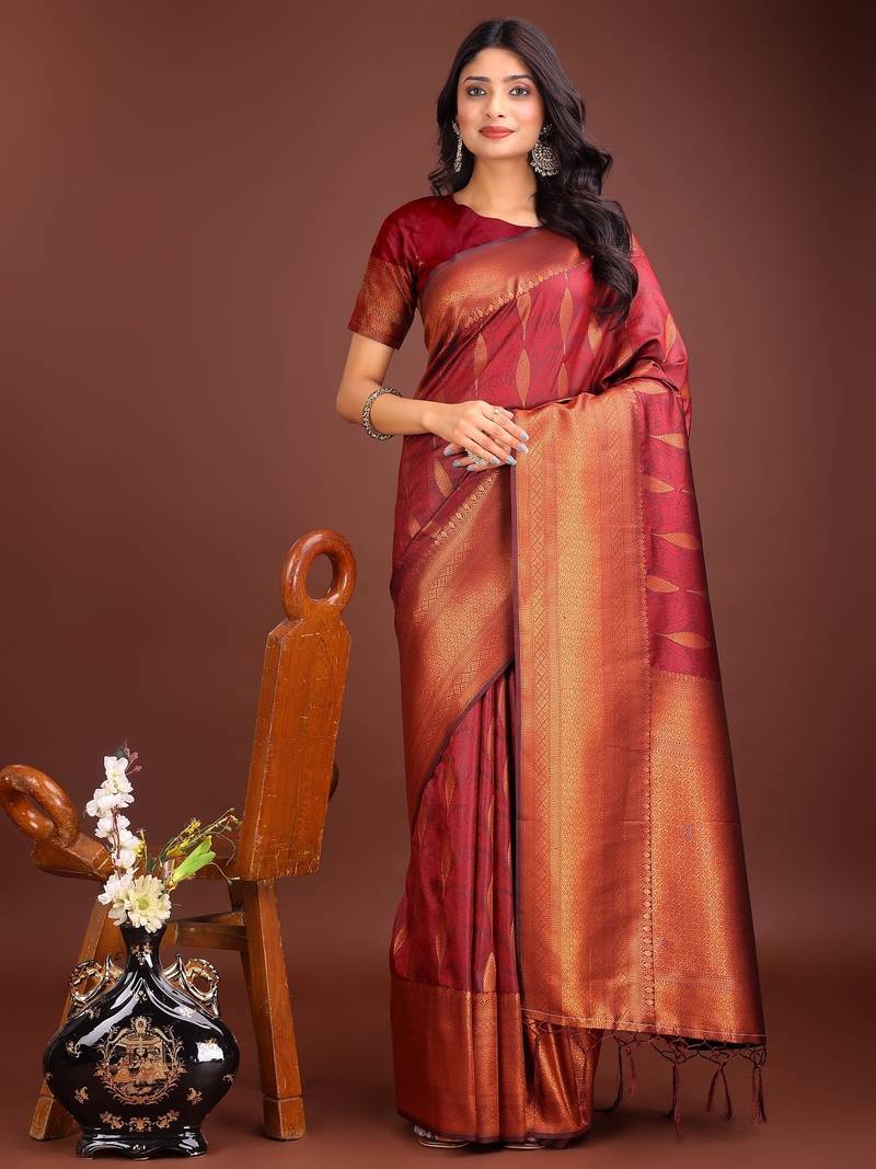 Maroon banarasi silk woven saree with blouse