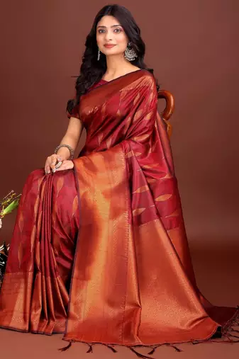 Maroon banarasi silk woven saree with blouse