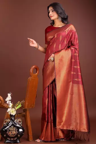 Maroon banarasi silk woven saree with blouse