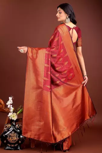Maroon banarasi silk woven saree with blouse