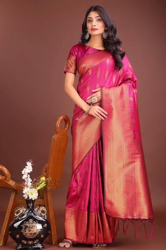 Pink banarasi silk woven saree with blouse