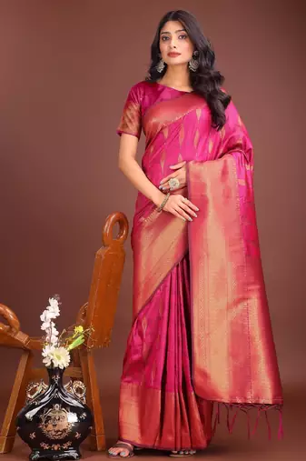 Pink banarasi silk woven saree with blouse