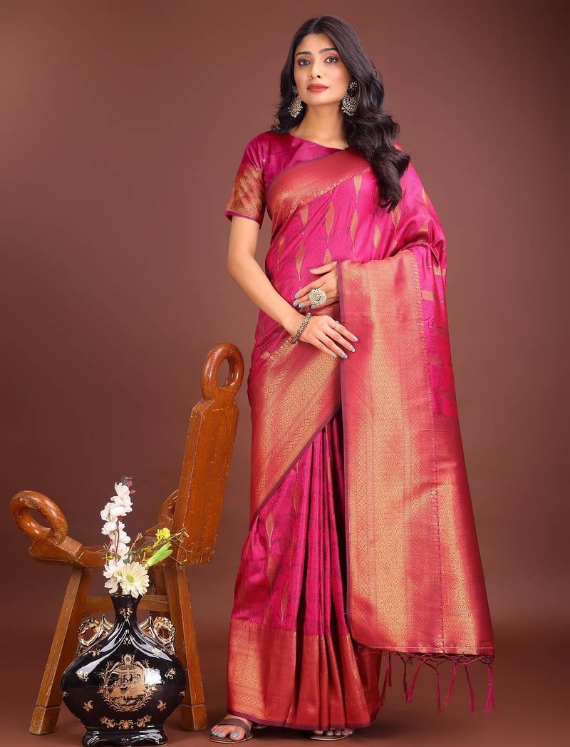 Pink banarasi silk woven saree with blouse