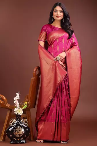 Pink banarasi silk woven saree with blouse