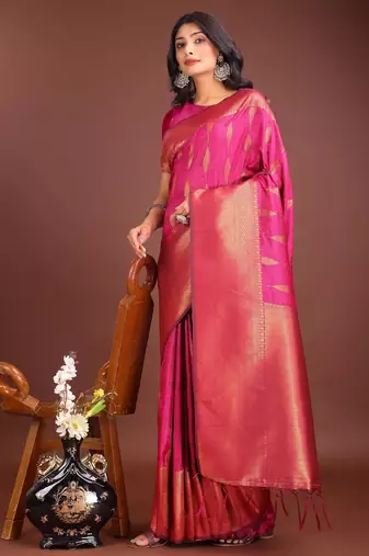 Pink banarasi silk woven saree with blouse