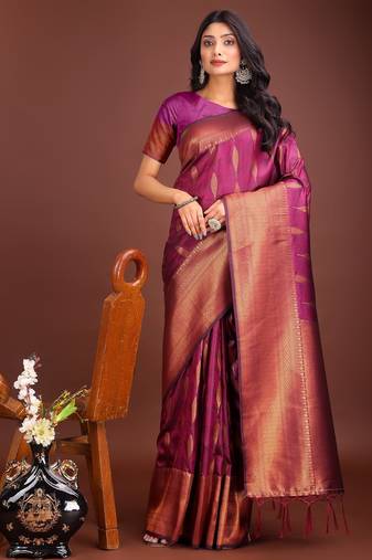 Purple banarasi silk woven saree with blouse
