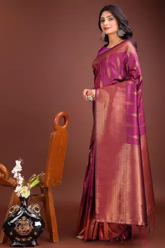 Purple banarasi silk woven saree with blouse