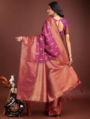 Purple banarasi silk woven saree with blouse 4
