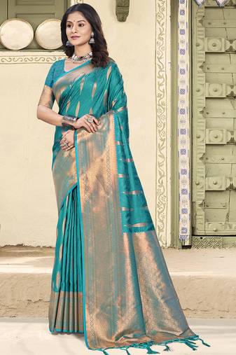 Blue soft silk woven saree with blouse