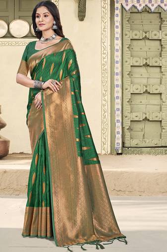 green soft silk woven saree with blouse