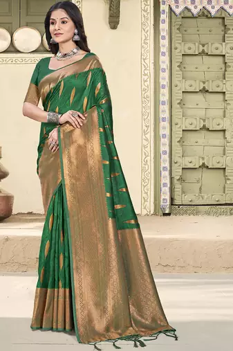 green soft silk woven saree with blouse