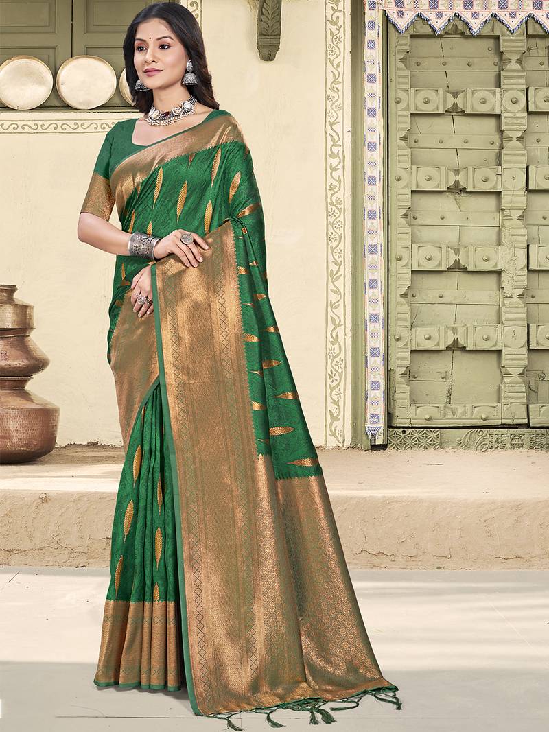 green soft silk woven saree with blouse