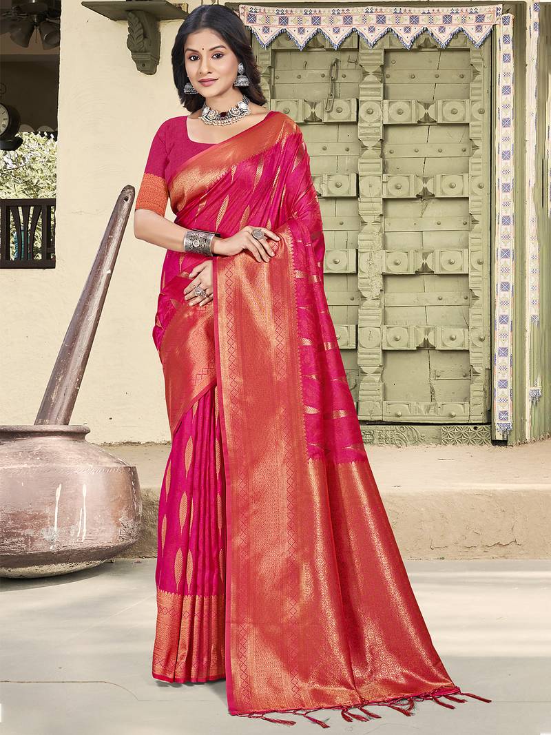 Red soft silk woven saree with blouse
