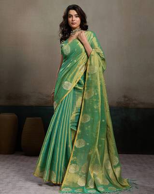 Green tissue silk woven saree with blouse 1