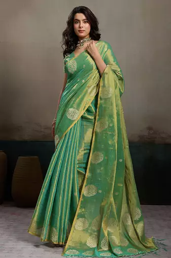 Green tissue silk woven saree with blouse