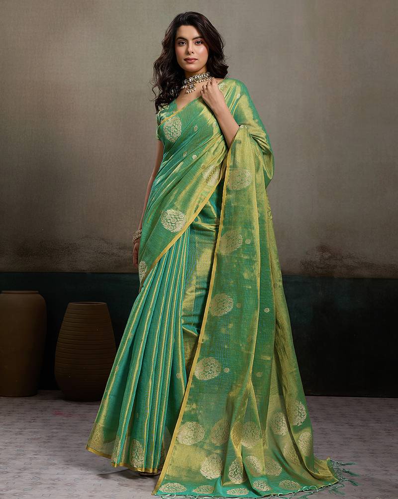 Green tissue silk woven saree with blouse