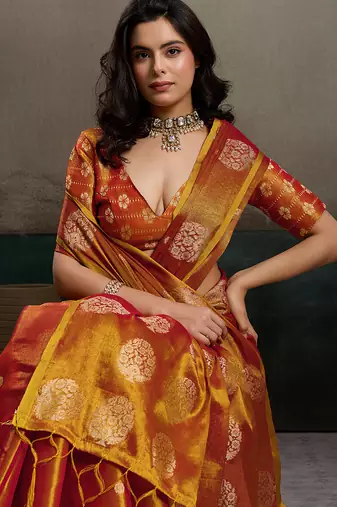 Orange tissue silk woven saree with blouse