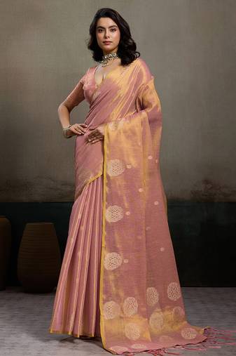 Pink tissue silk woven saree with blouse
