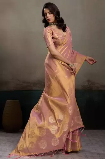 Pink tissue silk woven saree with blouse