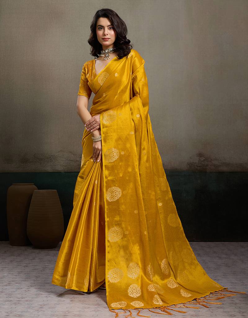 Yellow tissue silk woven saree with blouse