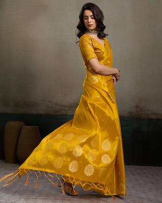 Yellow tissue silk woven saree with blouse 3