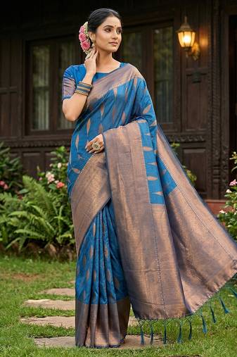 Blue silk blend woven saree with blouse