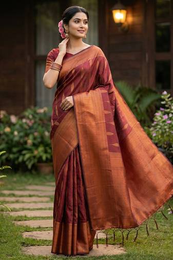 Maroon silk blend woven saree with blouse