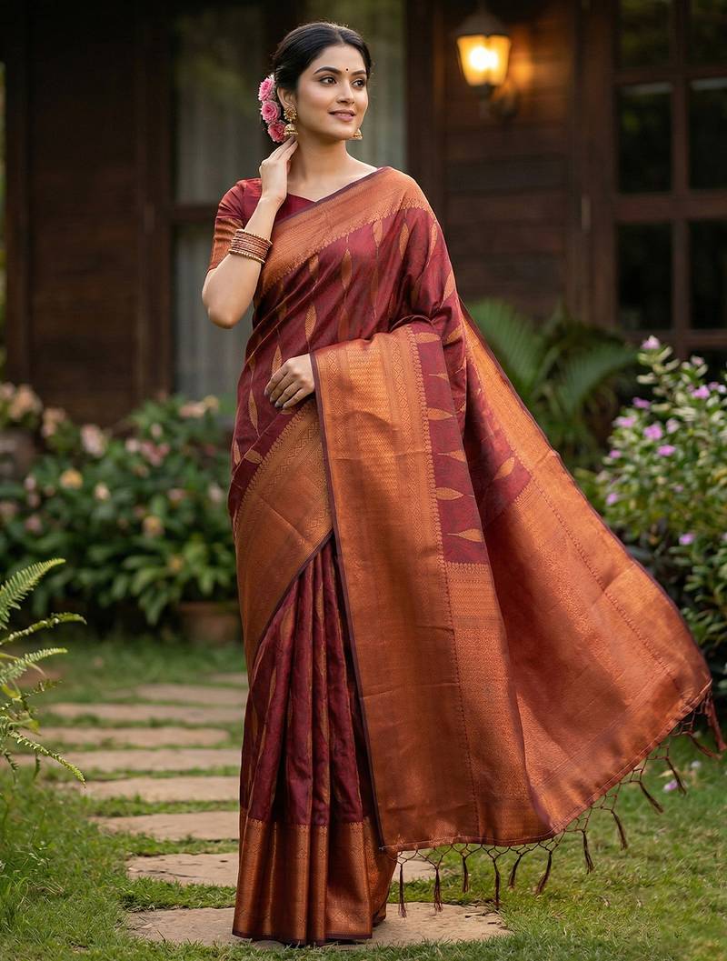 Maroon silk blend woven saree with blouse