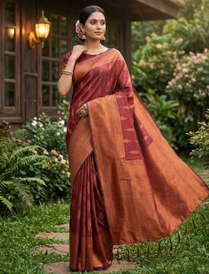 Maroon silk blend woven saree with blouse 2