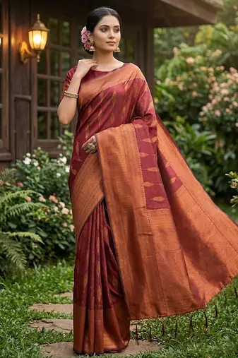 Maroon silk blend woven saree with blouse