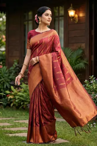 Maroon silk blend woven saree with blouse