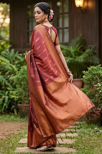 Maroon silk blend woven saree with blouse