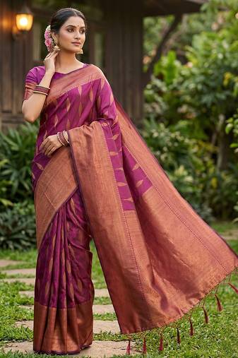 Purple silk blend woven saree with blouse