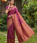 Purple silk blend woven saree with blouse
