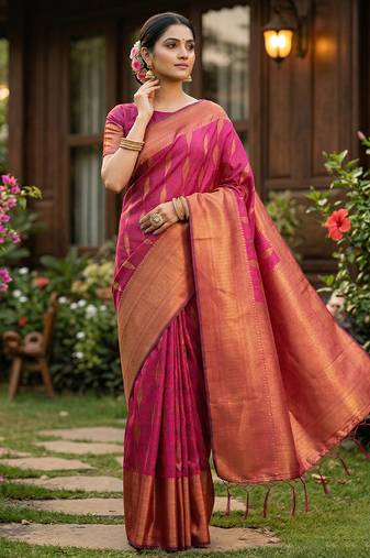 Rani pink silk blend woven saree with blouse